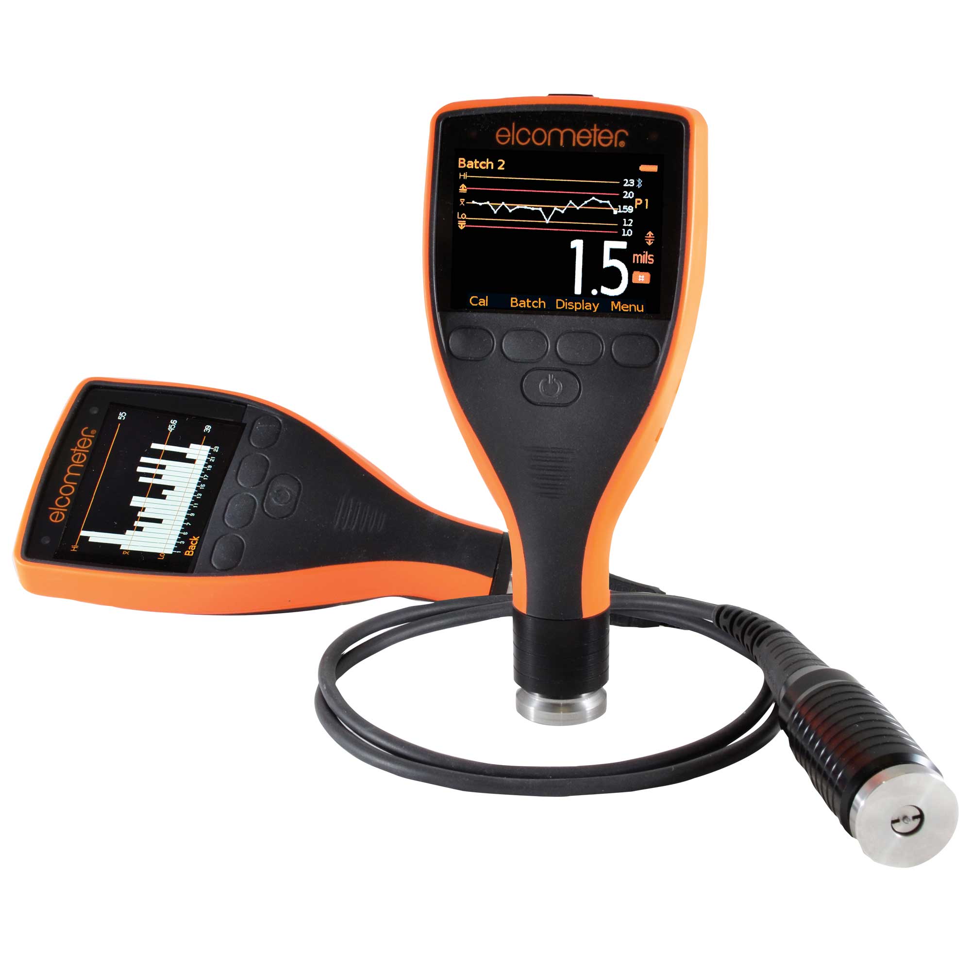 Two elcometer-branded electronic, surface profile gauges. One is lay flat and one is standing. Both have a black face with four buttons under the screen and a bigger button under that and both have an ornage lining up each side. The gauge that is lay down has a long probe attached to it with a coin-shaped end.