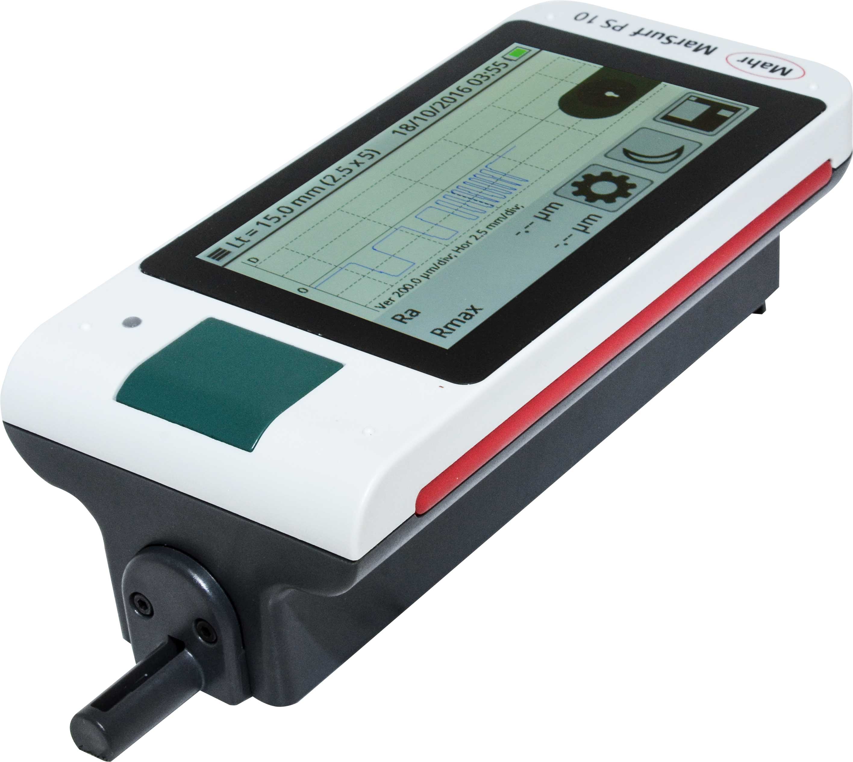 A gauge lies on its back with the screen facing upright to show a measurement graph. There is a stylus tip at the end of the white and black gauge.