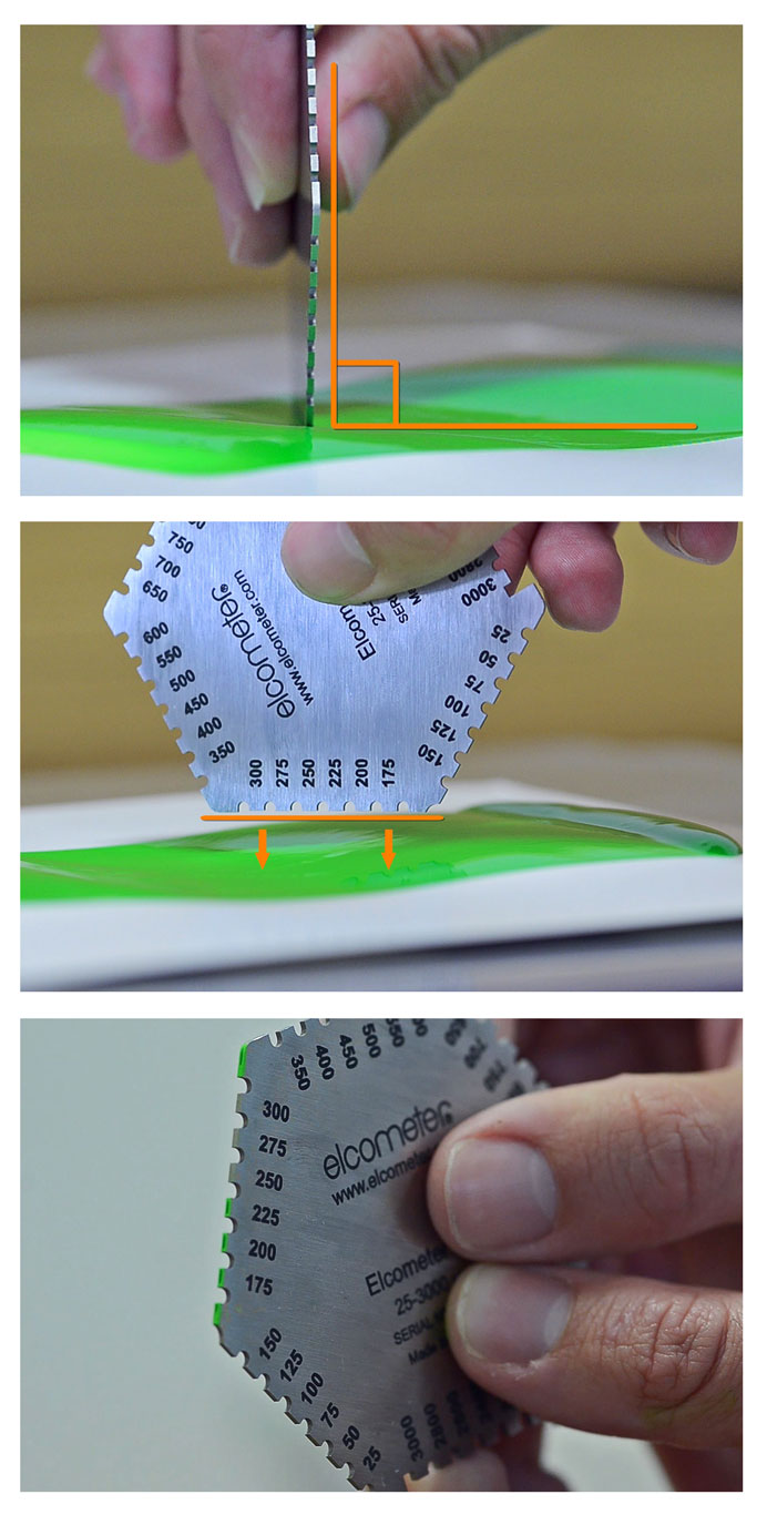 A wet film thickness comb in places on its side on a neon green substrate. An illustration of a 90 degree angle appears.