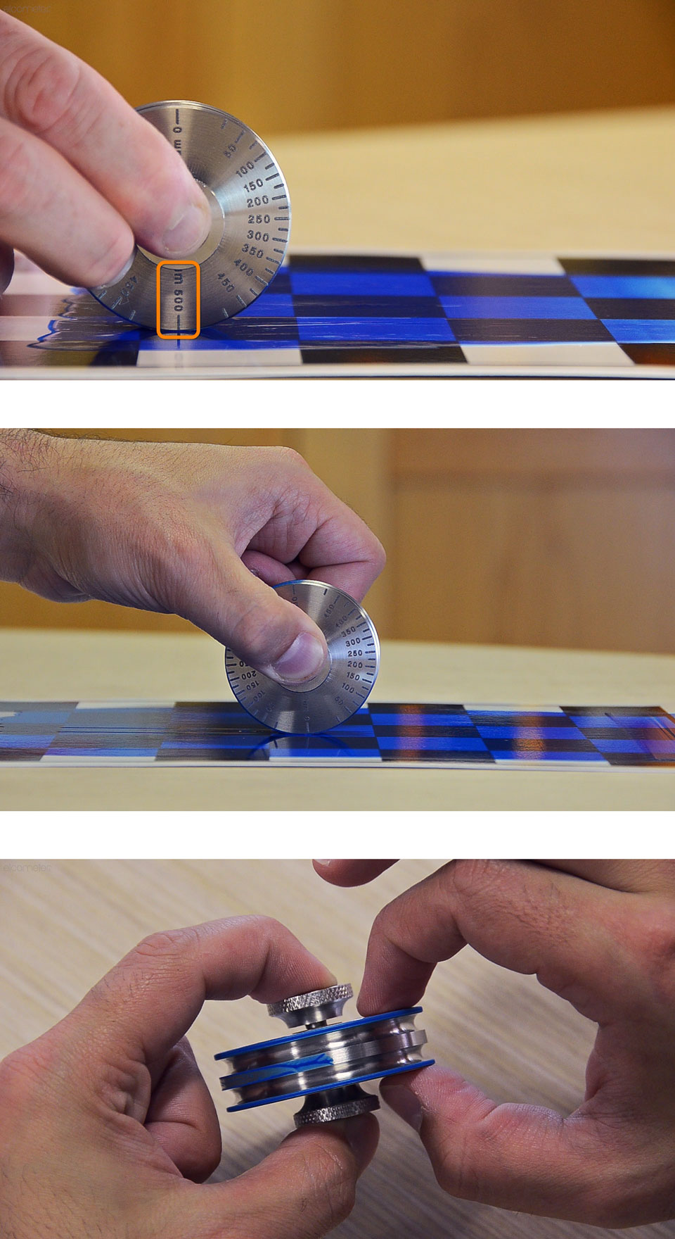 A small, silver wet film is about to be moved across a surface by a finger and a thumb.